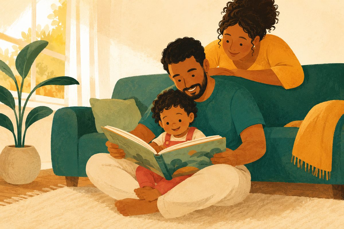 Ilustração de uma família lendo um livro junta no sofá