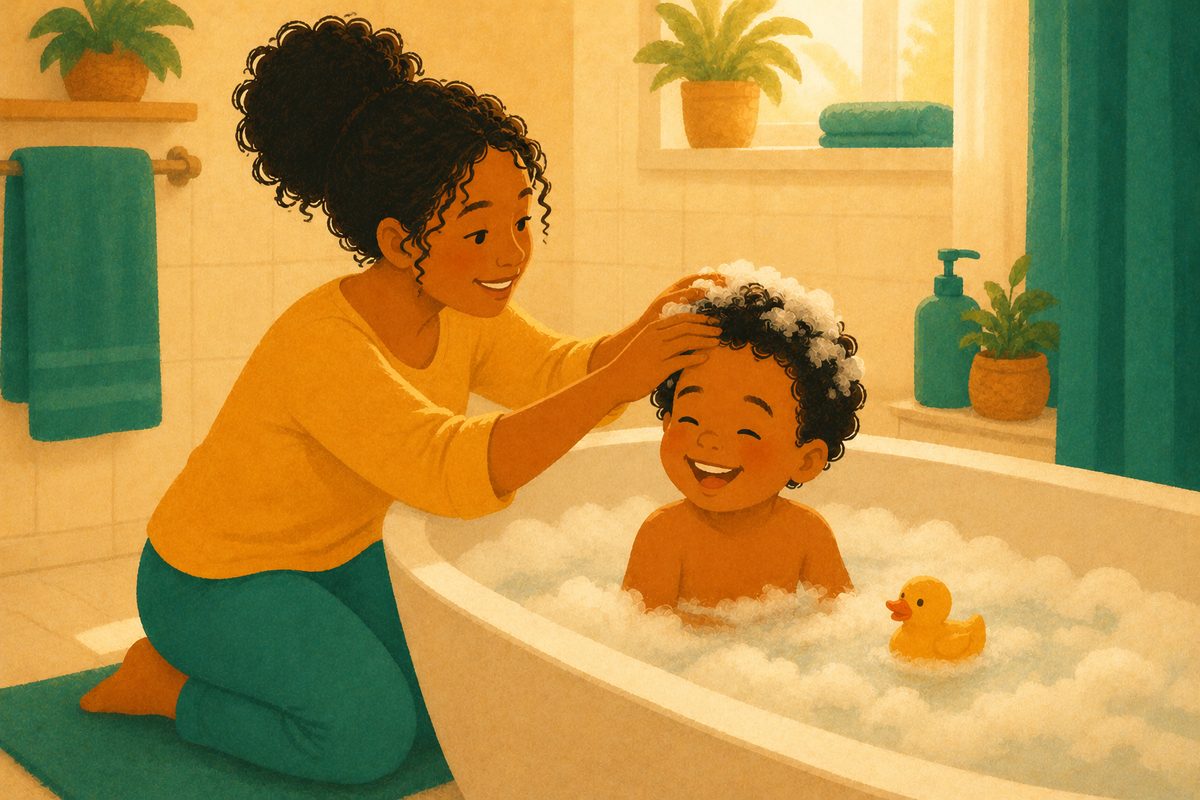 Ilustração de um momento de banho entre pai e filho