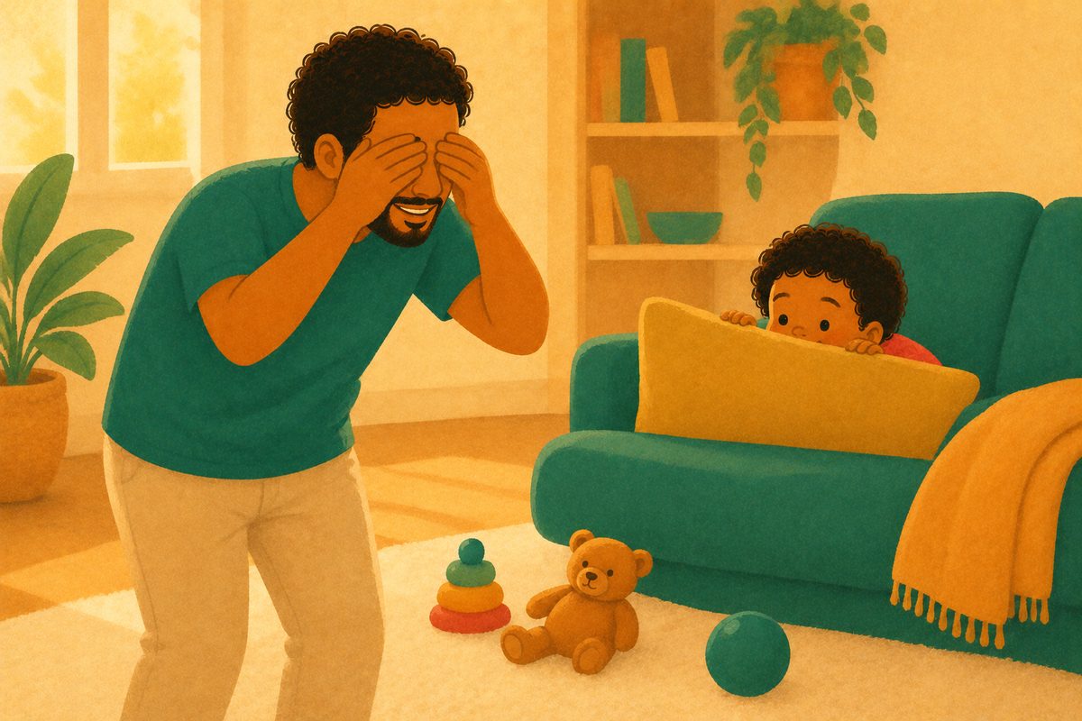 Ilustração de criança brincando de esconde-esconde