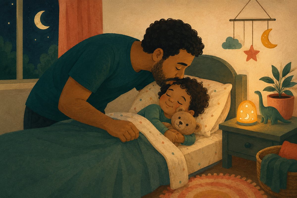 Ilustração de uma mãe dando beijo de boa noite no filho